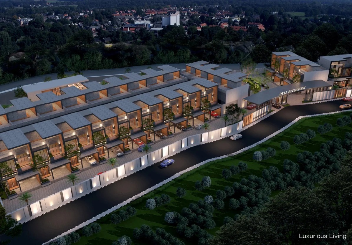 Deli Riverview aerial masterplan view at dusk, Medan Barat