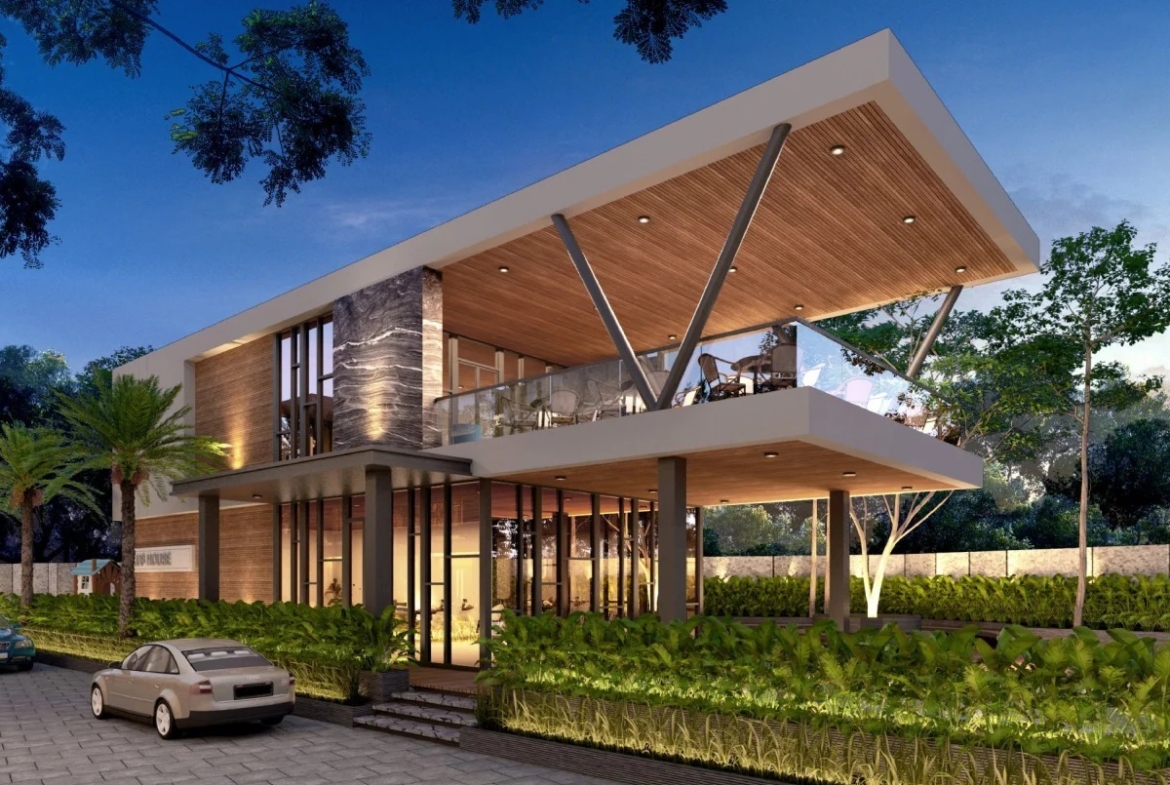 Deli Riverview clubhouse exterior render at dusk, Medan Barat