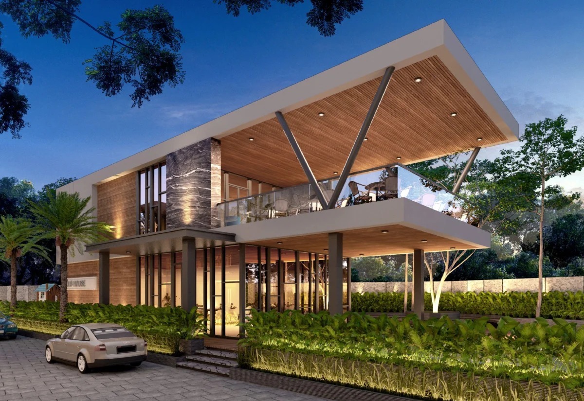 Deli Riverview clubhouse exterior render at dusk, Medan Barat