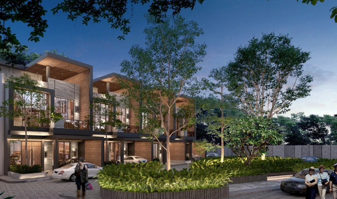 Deli Riverview landscaped communal garden area at dusk