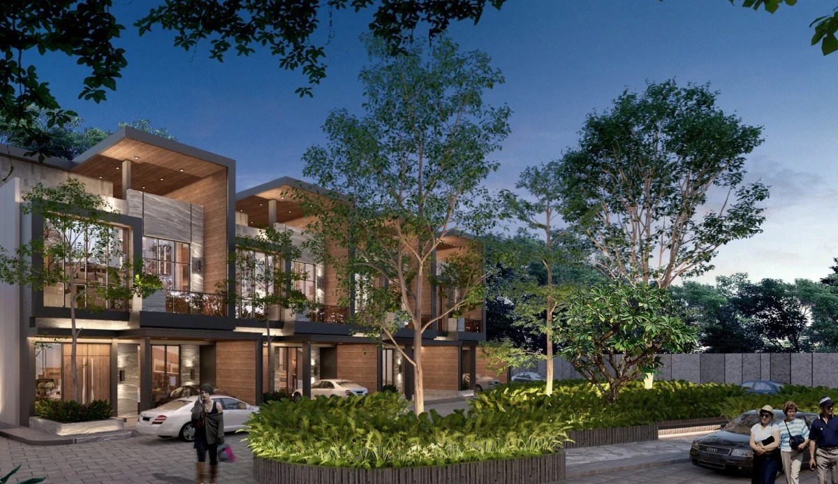 Deli Riverview landscaped communal garden area at dusk
