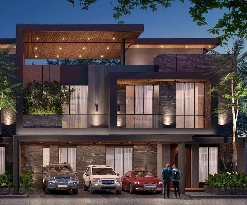 Deli Riverview townhouse row exterior at dusk