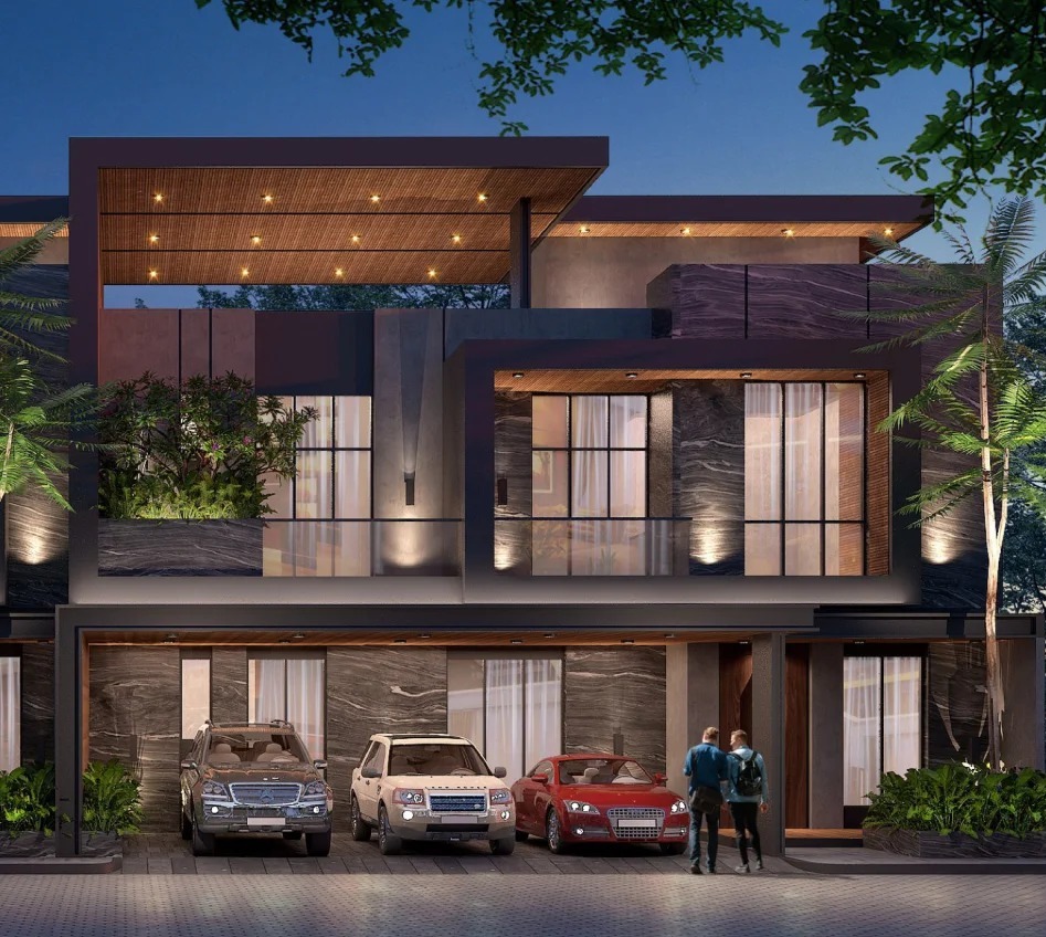 Deli Riverview townhouse row exterior at dusk