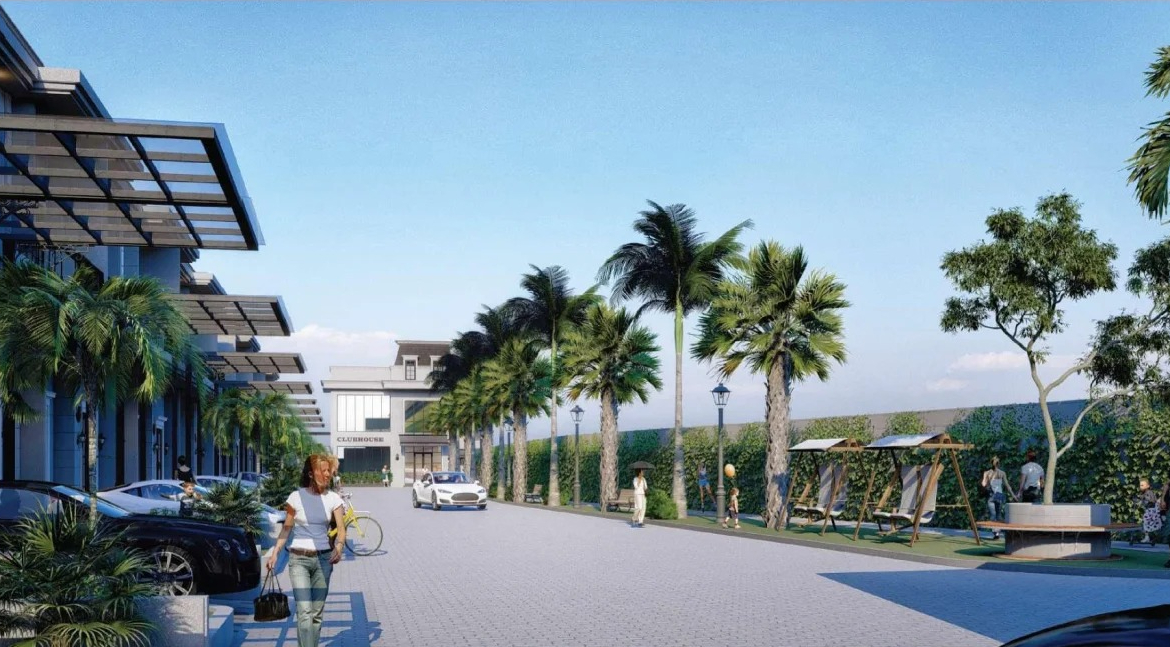 Grand Patriot Palace palm-lined clubhouse street render, Medan Sunggal