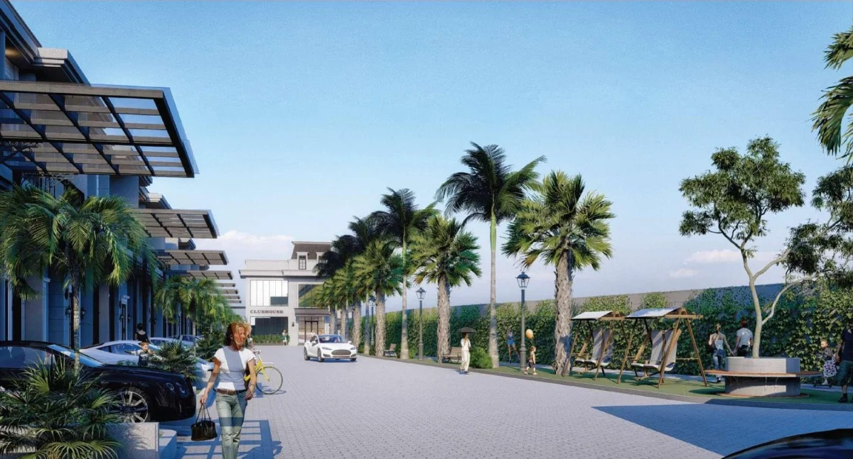 Grand Patriot Palace palm-lined clubhouse street render, Medan Sunggal