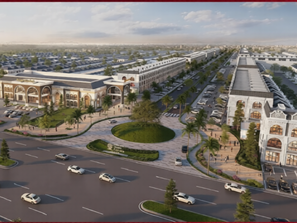 Pesona Indah Cemara masterplan commercial boulevard aerial render, Percut Sei Tuan
