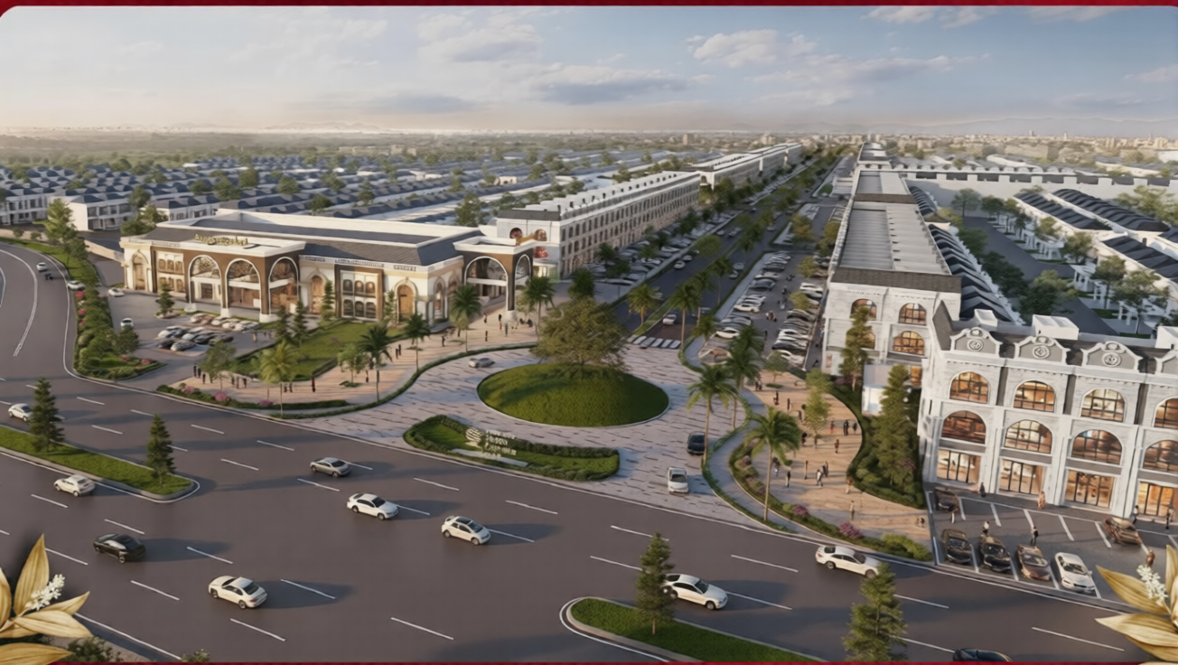 Pesona Indah Cemara masterplan commercial boulevard aerial render, Percut Sei Tuan